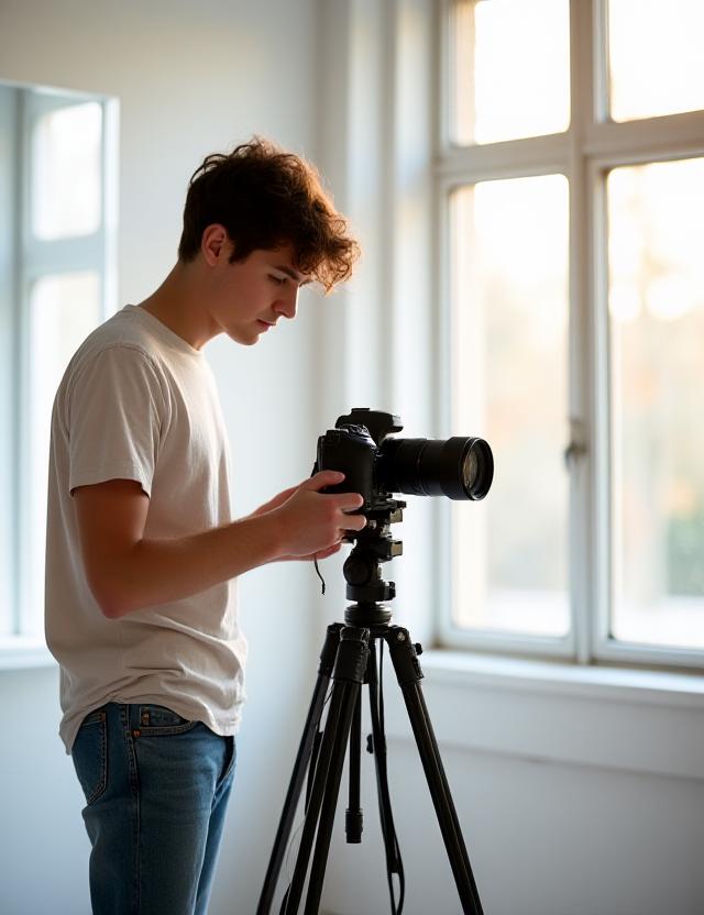 A photography student adjusting a tripod in a sun-drenched studio workspace