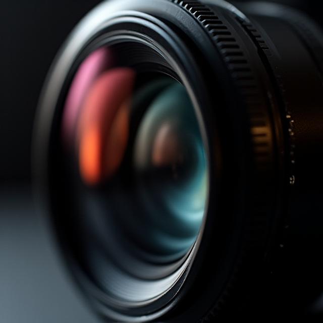 Close-up of a vintage camera lens reflecting soft studio light