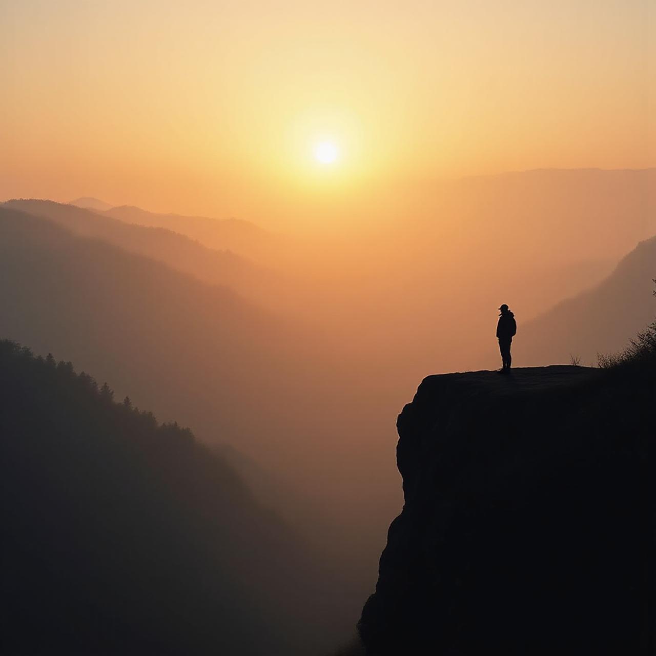 A photographer silhouetted against a soft morning light, observing a landscape without a camera up to their eye