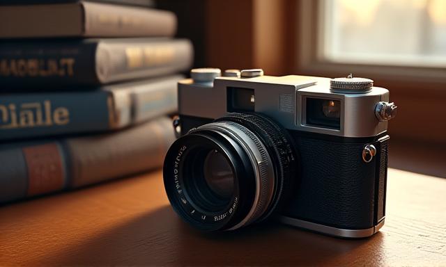 Vintage camera on a wooden table with soft focus bokeh background